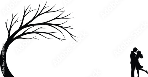 Romantic couple kissing under tree silhouette black vector illustration isolated on white background love relationship concept design