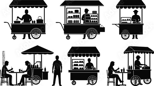 Street food vendor carts silhouettes mobile market stalls black vector illustration isolated on white background urban business concept