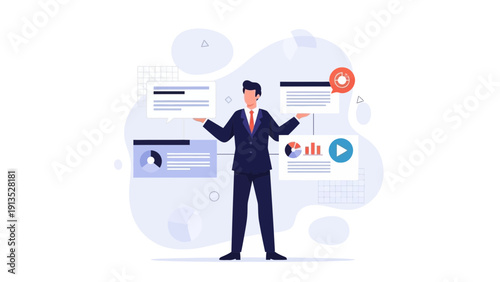 Businessman juggling multiple tasks and projects with charts and data