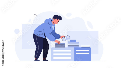 Young man sorting books in a library or study room, illustration