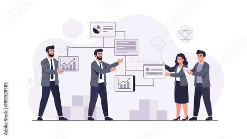 Business Team Analyzing Data and Strategy with Flowchart