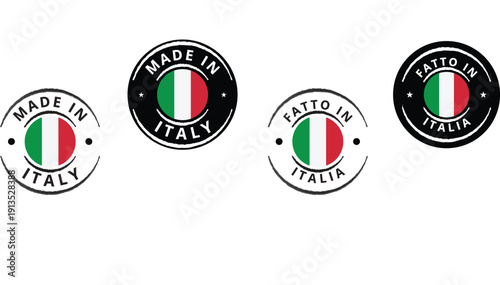 Round Made in Italy Stamps, Fatto in Italia Circular Badges, Italian Flag Emblems, Authentic Origin Seals, Quality Manufacturing Labels, Product Certification Marks