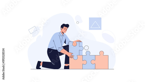 Man assembling puzzle pieces, problem solving, strategy, teamwork, success concept