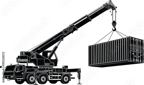 Mobile crane truck lifting cargo container black silhouette vector illustration isolated on white background industrial construction logistics concept