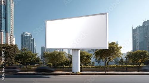 A minimalistic white billboard standing tall in a city square. Its clean design and large format make it a focal point for creative campaigns