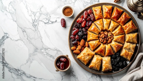 A vibrant Ramadan food platter for Eid, topped with baklava and dried fruits, beautifully arranged on marble, captured from a bird's eye view with a mix of dates, nuts, and sweets.