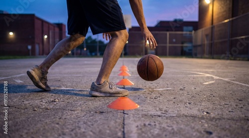 Low-angle dusk view of a street basketball footwork drill with cones as an athlete dribbles a ball on an outdoor court, gritty urban mood, shallow depth of field and copy space.