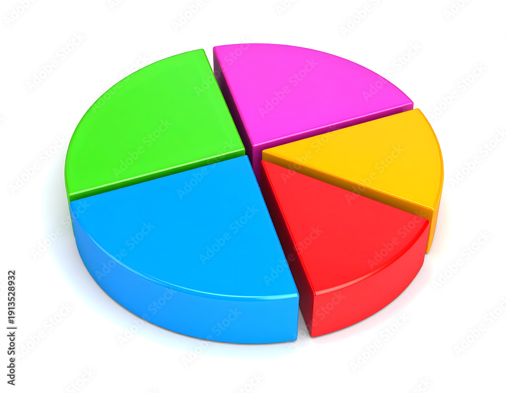 Fototapeta premium Colorful 3D pie chart showing data distribution and market share analysis, perfect for business reports, financial presentations, and statistical concepts.