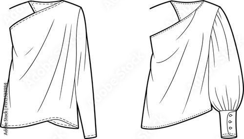 Asymmetrical blouse with puffy sleeve and button cuff fashion clothing garment sewing pattern