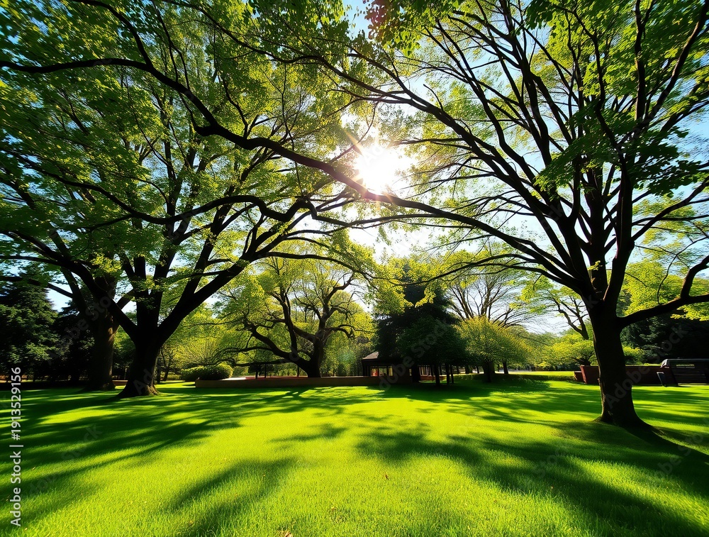 Obraz premium Sunlight filtering through lush green trees onto a grassy lawn