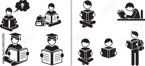 A black and white collection of educational icons featuring people reading, graduation caps, stacked books, lightbulbs for ideas, and various academic tools representing study and knowledge.