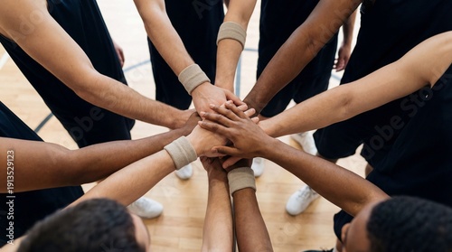 Overhead view of a basketball team huddle with multiple players stacking hands together on a gym court, bright even lighting, inclusive teamwork concept and copy space.