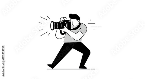 Minimalist Line Art of a Photographer in Action with a Large Telephoto Lens.