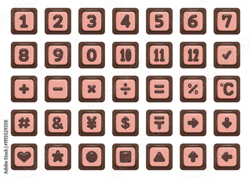 Strawberry chocolate numbers 1 to 12 with math symbols
Strawberry chocolate numeric and symbol set 1–12
ストロベリーカラー背景の3Dチョコレート数字と記号セット 1〜12