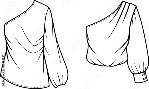 Black and white of two white blouses with draped fabric and puffy sleeves fashion clothing