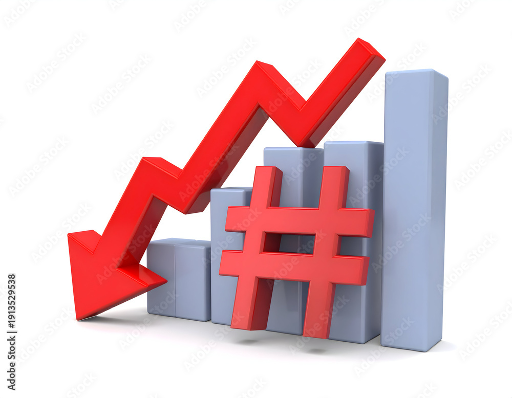 Obraz premium 3D bar chart with a red downward arrow and hashtag symbol, representing declining trends, negative social media metrics, market loss, reduced engagement, and falling business performance.