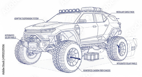 Detailed Sketch of an Off-Road Vehicle with Labeled Components.