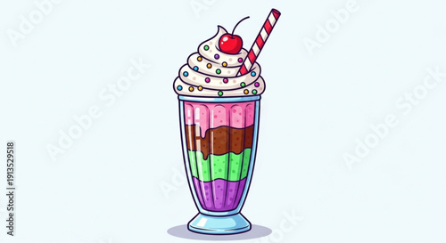 Colorful layered dessert drink in tall glass with whipped cream and cherry on top striped straw cartoon style vibrant colors isolated on white background