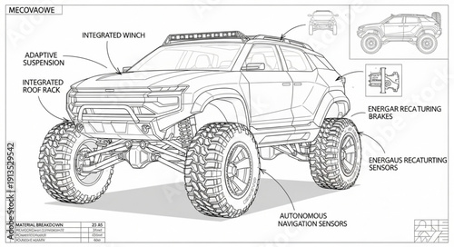 Detailed Blueprint Drawing of an Off-Road Vehicle.