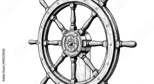 Vintage Ship Steering Wheel with Compass Detail, Nautical Navigation Symbol