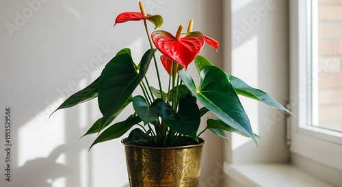 Morning Sunlight Illuminates a Red Anthurium in a Golden Brass Planter.