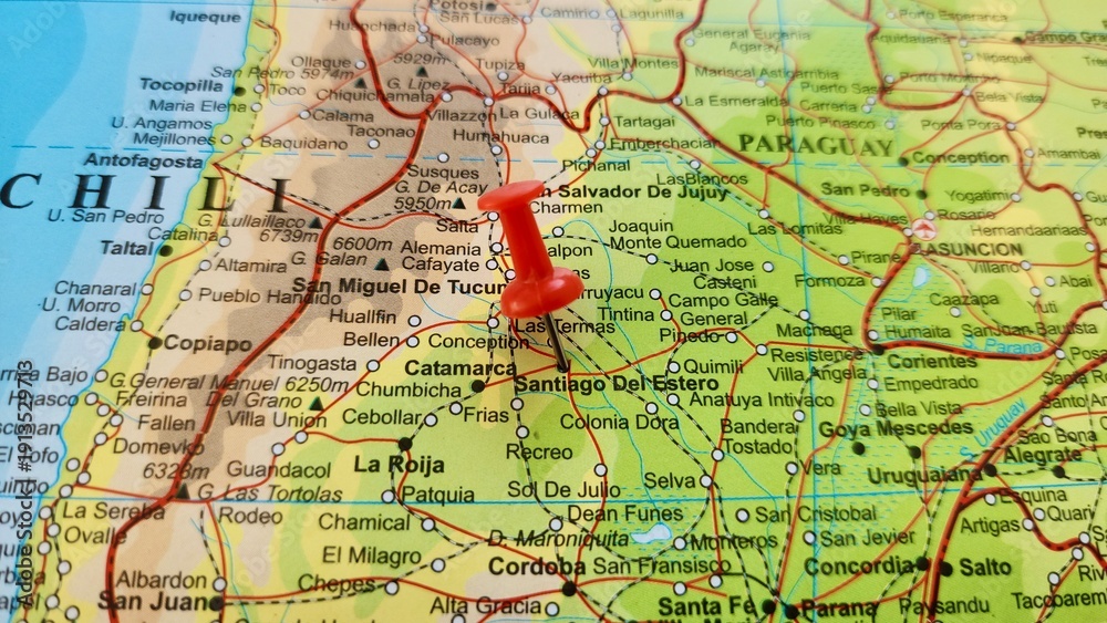 Naklejka premium View of Santiago del Estero, The capital of Santiago del Estero Province in northern Argentina, on a geographical map of America, marked with red push pin