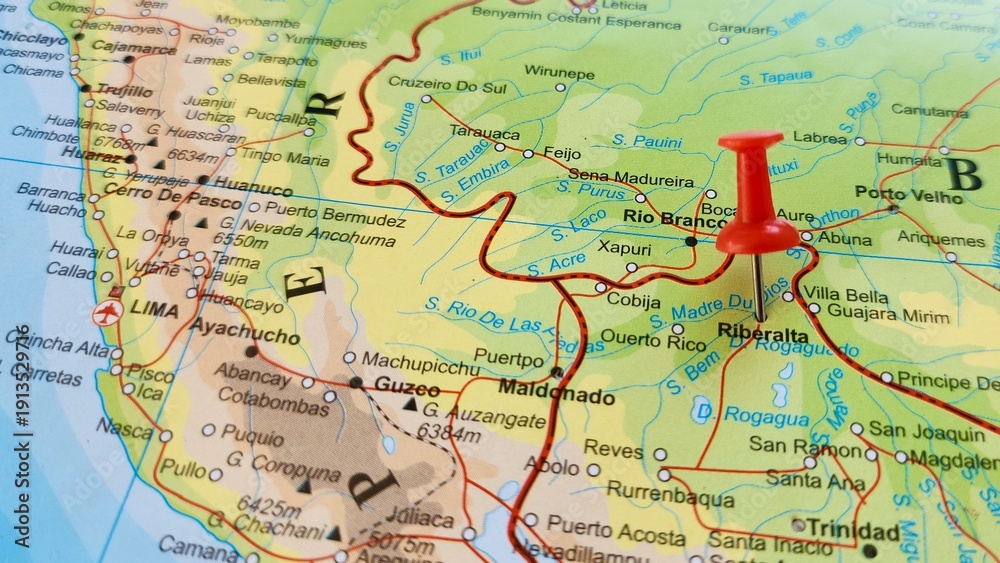 Naklejka premium View of Riberalta, is a town in the Beni Department in northern Bolivia, On a geographical map of America, marked with red push pin