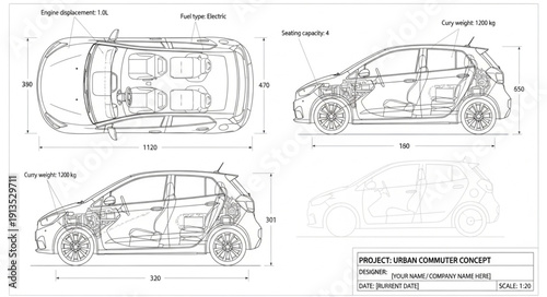 Car blueprint technical drawing schematic design.