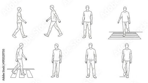 Line art drawings of people walking and standing in different poses