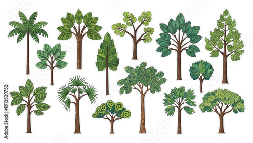 Illustrative collection of diverse trees, symbolizing nature's vibrant ecological variety