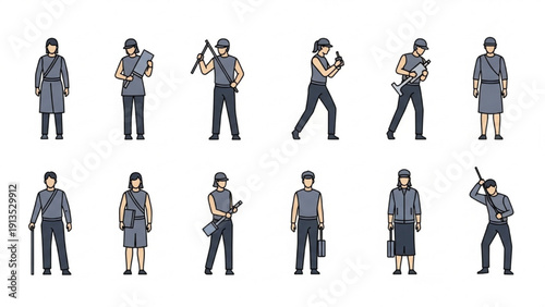 Stylized vector illustrations of various uniformed personnel holding tools and equipment, depicting concepts of labor and defense
