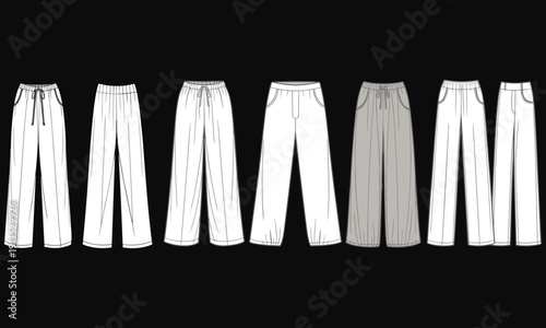 Seven pairs of white and gray sweatpants on black background white pants gray pants fashion clothing