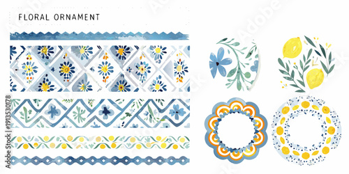 Watercolor floral and geometric patterns arranged in a decorative sheet