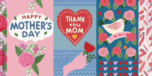 Colorful mother s day greeting card designs with floral and heart motifs