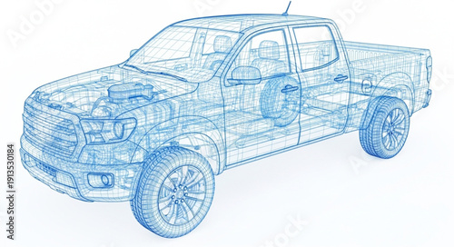 Wireframe blueprint of a modern pickup truck vehicle.