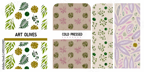 Assortment of patterned olive oil labels with botanical illustrations