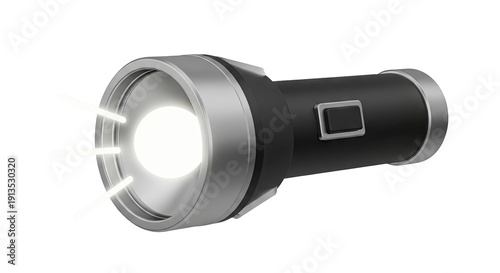Black flashlight with illuminated beam