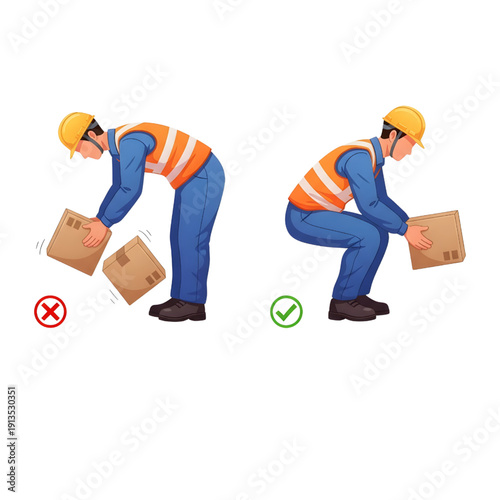 Work place Safety Worker Lowering Box Proper Technique Factory Ergonomics Flat Vector