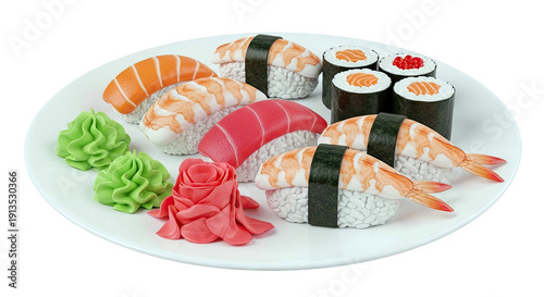 Assortment of Sushi and Nigiri on a White Plate with Wasabi and Ginger