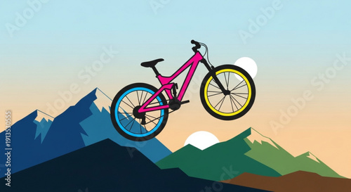 Pink mountain bike in air against sunset mountains landscape