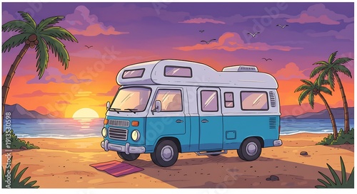 Retro Camper Van on Tropical Beach at Sunset, Palm Trees and Ocean Waves.