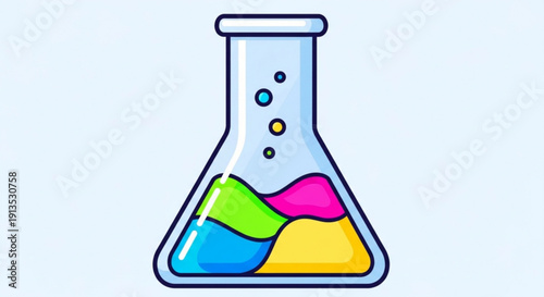 Colorful laboratory beaker filled with multicolored liquids on a plain background for science and education concepts