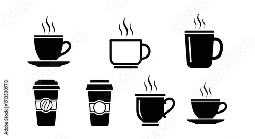 Hot Coffee Cups and To-Go Mugs Icons Set, Steaming Beverage Collection