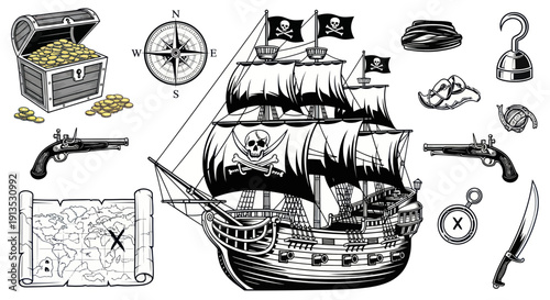Pirate Ship, Treasure Chest, Map, Compass, and Weapons - Vintage Illustration