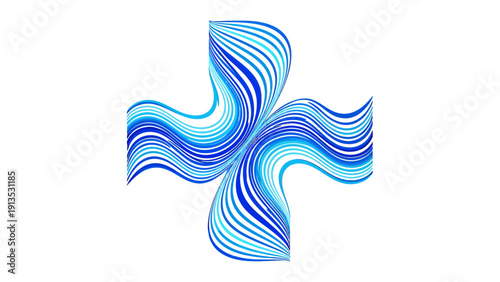 Blue Abstract Cross Design with flowing Wave Lines and Symmetric Geometry.