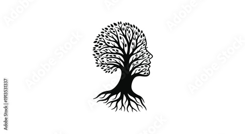 Silhouette of a Head with a Tree Growing Out of It, Symbolizing Growth and Nature