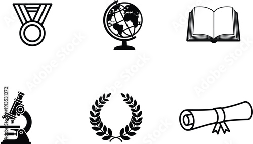 icons of education and science including medal globe book microscope laurel wreath and diploma