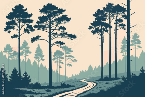 Pine Forest Pathway with Foggy Silhouettes