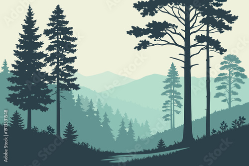 Pine Forest Pathway with Foggy Silhouettes