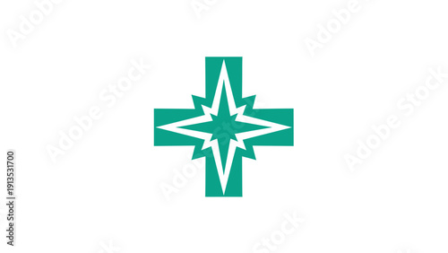 Teal medical cross emblem with starburst center, isolated on white background, modern graphic icon.